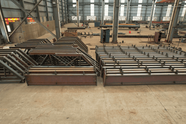 Prefabricated steel components arranged in a factory, ready for assembly or shipment.