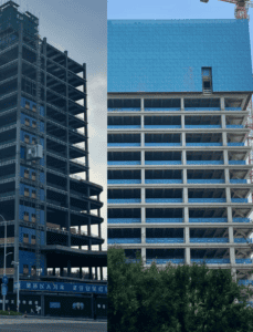 Side-by-side images of high-rise steel frame buildings under construction, featuring scaffolding, cranes, and partially completed structures.