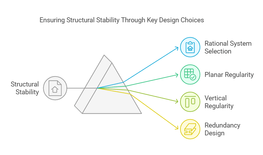 A pyramid-like design representing structural stability with four key factors: rational system selection, planar and vertical regularity, and redundancy.