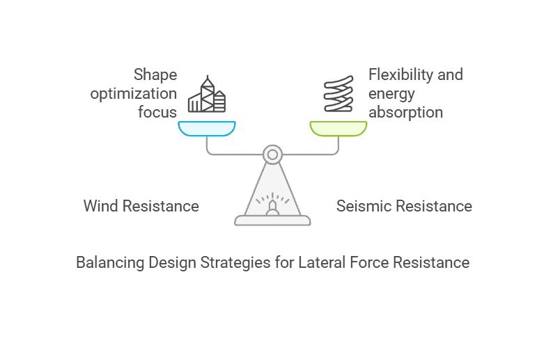 Balance scale showing lateral force resistance design, with wind resistance and seismic resistance as opposing considerations for stability.