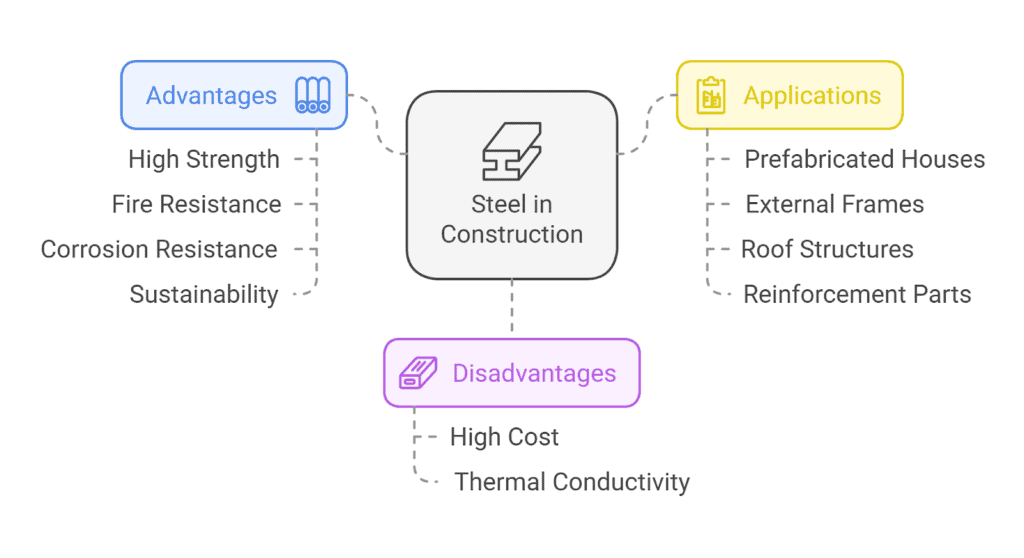 Diagram showing the advantages, disadvantages, and applications of steel in construction, highlighting strength, fire resistance, and sustainability."