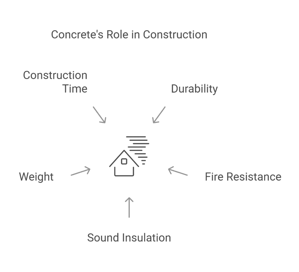 Diagram explaining concrete's role in construction, focusing on durability, fire resistance, sound insulation, weight, and construction time.