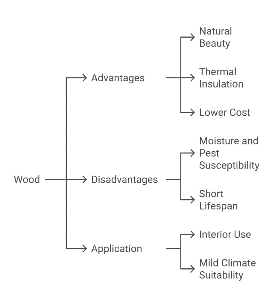 Diagram detailing the pros and cons of wood in construction, including natural beauty and insulation versus susceptibility to moisture and pests.