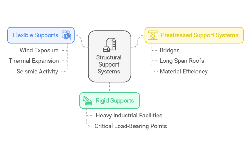 Different structural support systems in steel structure bracing system: flexible, prestressed, and rigid supports.