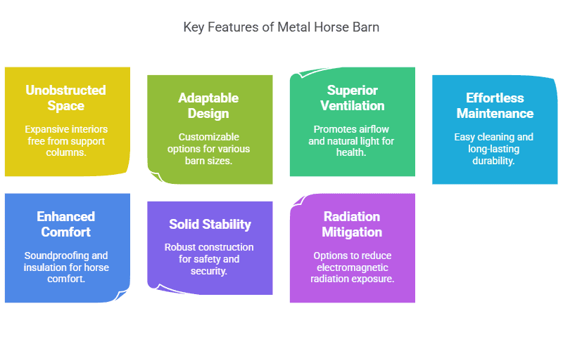 Infographic highlighting key features of metal horse barn kits, such as unobstructed space, adaptable design, and superior ventilation.