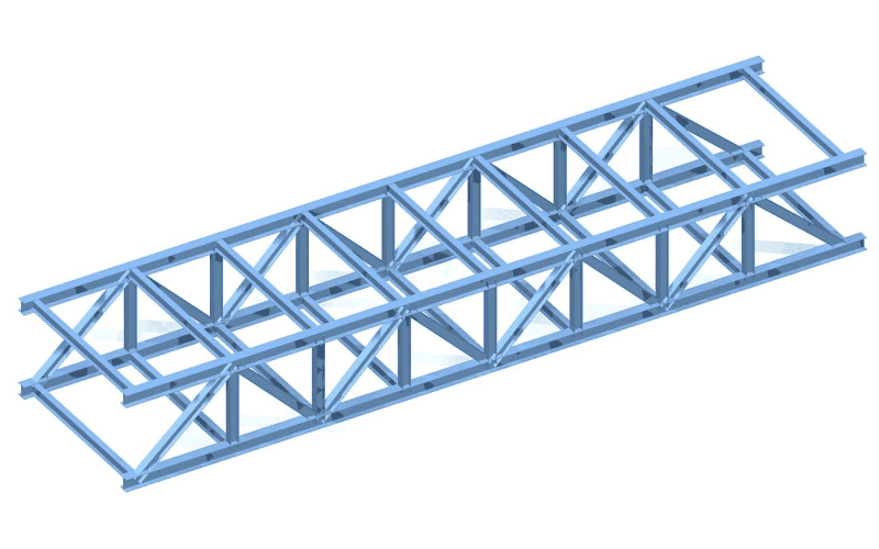 A 3D rendering of a planar steel grid structure with a rectangular layout and intersecting steel members.