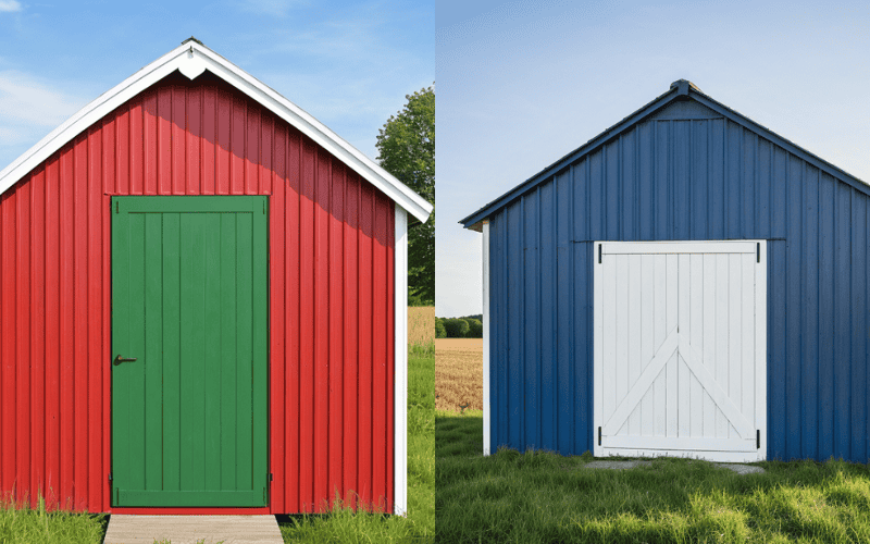 Side-by-side comparison of two metal barns: one red with a green door, the other blue with a white barn door.