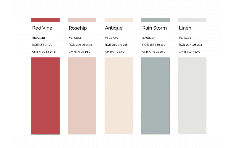 A color swatch chart displaying five trendy pole barn colors with corresponding RGB and CMYK values.