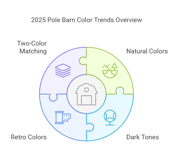 A circular infographic highlighting 2025 pole barn color trends, including two-tone matching, natural colors, retro hues, and dark tones.