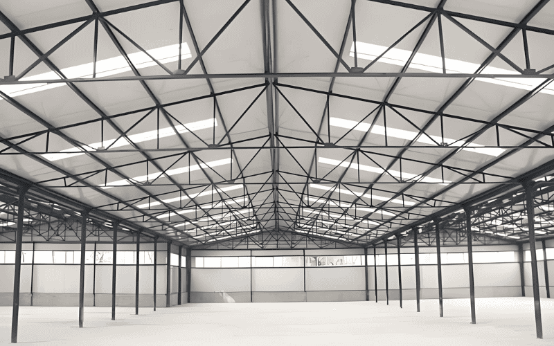 Interior view of a large steel structure warehouse featuring a symmetrical roof truss system and ample open floor space."