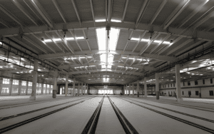 Wide-angle interior of an industrial facility with high ceilings, skylights, and multiple tracks running along the floor.