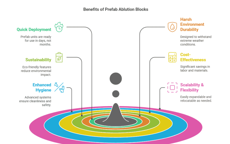 Diagram listing benefits of prefab ablution blocks: quick deployment, sustainability, enhanced hygiene, harsh - environment durability, cost - effectiveness, and scalability & flexibility.