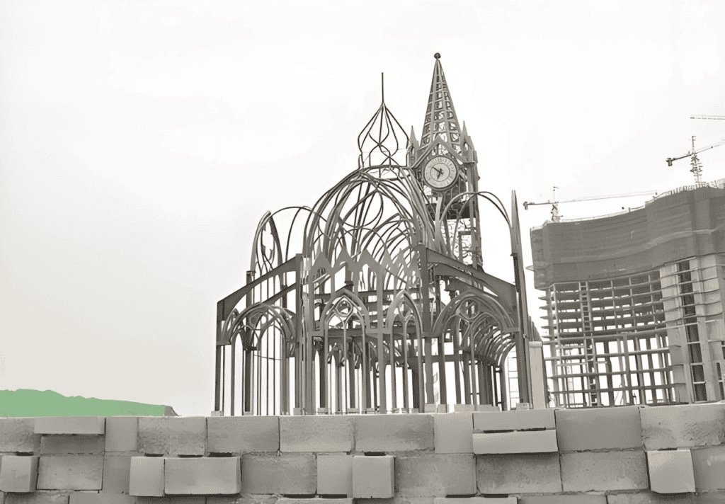 A partially constructed Prefab Steel Church Building with a skeletal steel frame, featuring an arched design and a clock tower in progress.