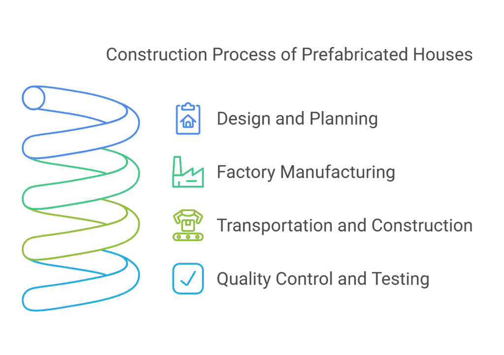 Infographic illustrating the construction process of prefabricated houses, from design and planning to manufacturing, transportation, and quality control.