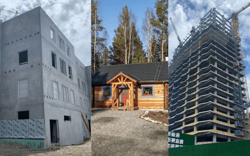 Side-by-side comparison of three building types: a concrete multi-story structure, a wooden cabin, and a steel high-rise under construction.