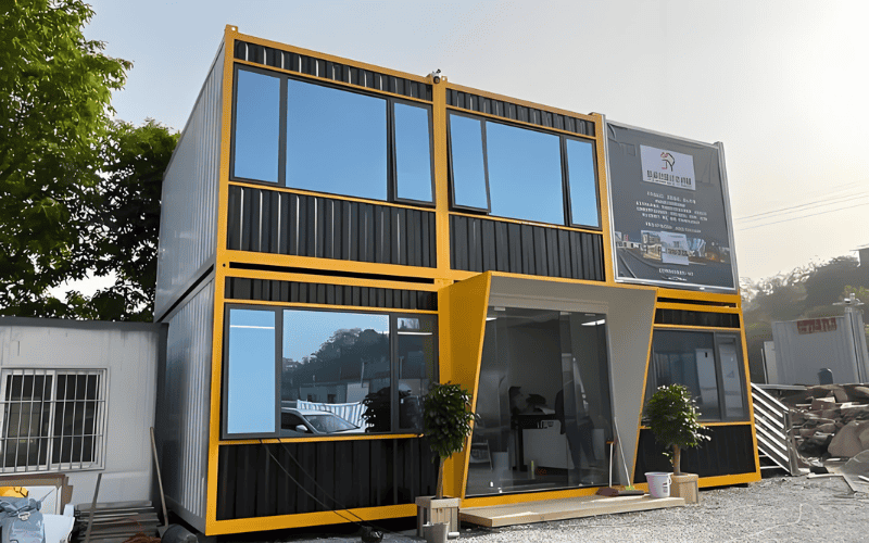 This image shows a modern container office building with large windows, a yellow accent frame, and a stylish entrance, set in a construction or industrial area.