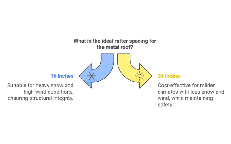 Infographic on ideal metal roof rafter spacing: 16 inches for heavy snow and wind, 24 inches for milder climates.