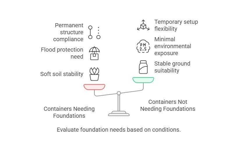 An infographic showing a balance scale. On the left side, labeled "Containers Needing Foundations", are icons and text for "Permanent structure compliance", "Flood protection need", and "Soft soil stability". On the right, labeled "Containers Not Needing Foundations", are "Temporary setup flexibility", "Minimal environmental exposure", and "Stable ground suitability". A note advises evaluating foundation needs based on conditions.