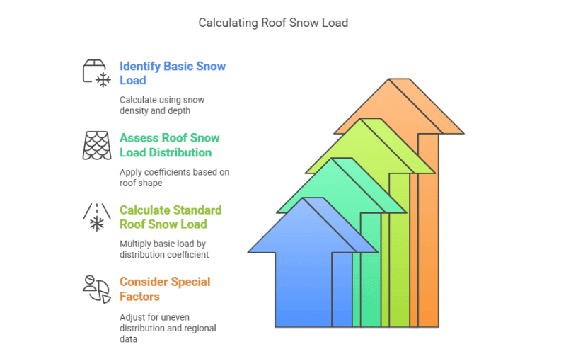 Diagram showing steps for calculating roof snow load: identify basic load, assess distribution, calculate standard load, consider special factors.