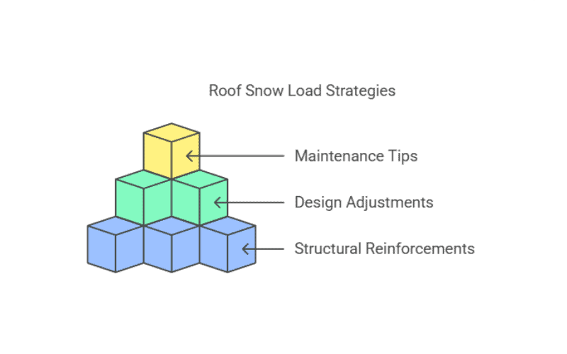 Pyramid - shaped diagram of roof snow load strategies including maintenance tips, design adjustments, and structural reinforcements.