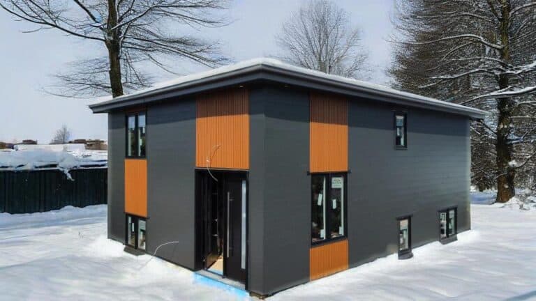 Pequeña casa con estructura de acero con nieve en el techo en un entorno nevado.