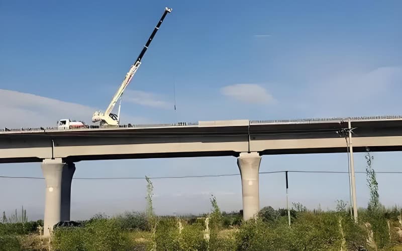 Steel girder bridge under construction with a crane on top, supported by concrete piers.