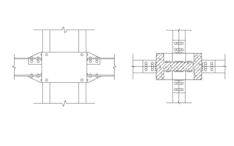 Technical drawings of steel connection designs, showing cross-sectional details and bolt placements.