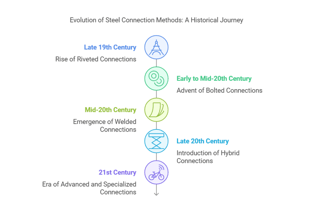 Infographic illustrating the evolution of steel connection methods, from riveted connections in the 19th century to advanced specialized connections in the 21st century.