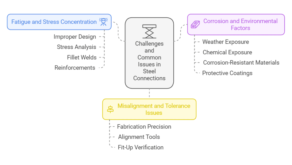 Diagram detailing challenges in steel connections, including fatigue and stress concentration, corrosion, and misalignment issues, with related factors and solutions.