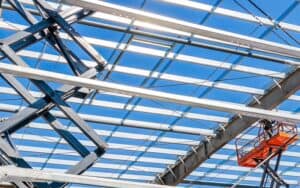 Close up of steel purlins installed in a roof structure.