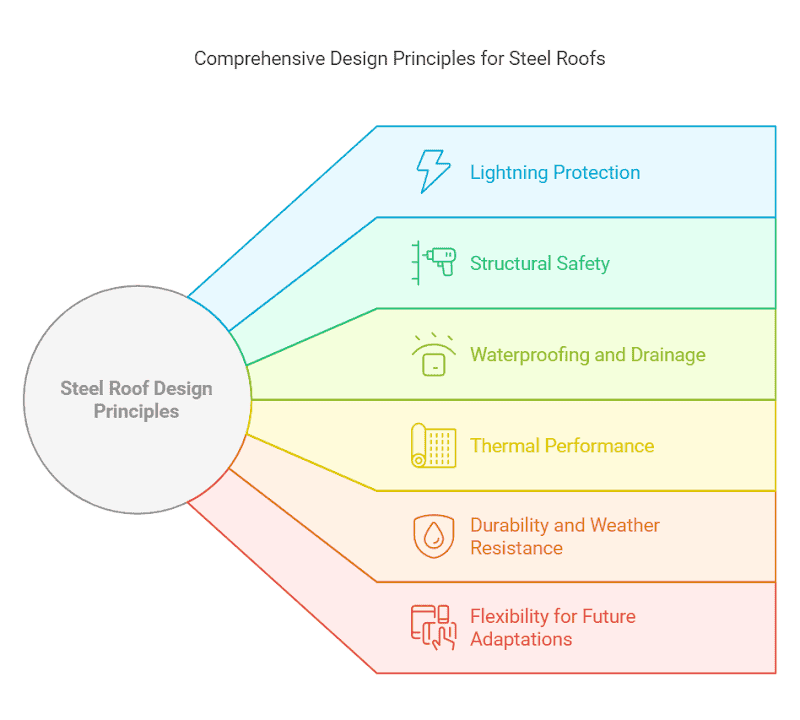 Diagram showing comprehensive design principles for a steel roof system including lightning protection and thermal performance.