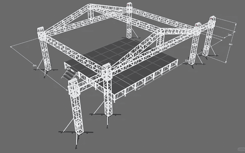 Un modelo 3D de un sistema de armadura de acero con dimensiones detalladas y diseño para el análisis estructural.