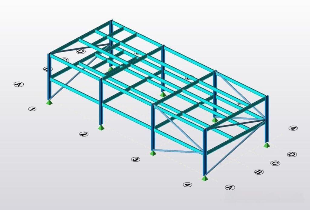 3D model of a steel structure bracing system with support points indicated.