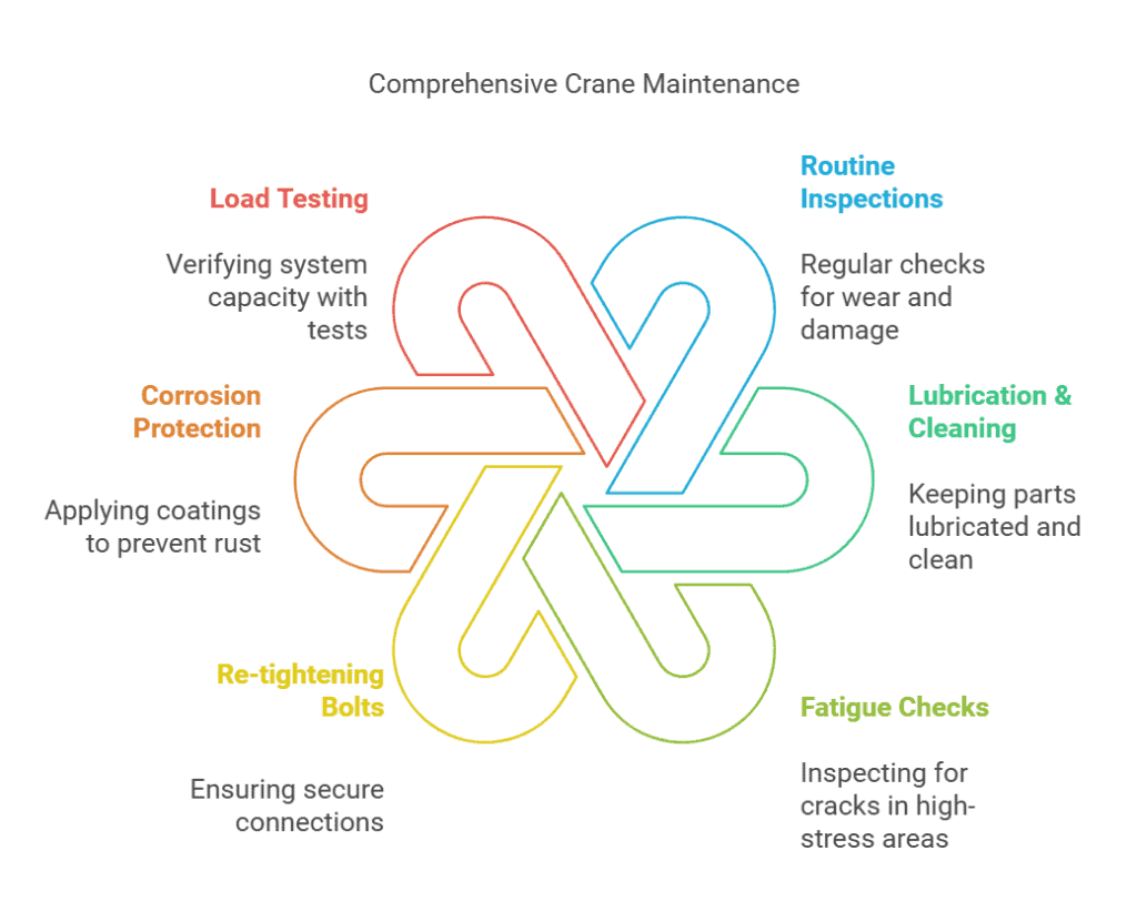 A graphic showing key aspects of crane maintenance such as load testing, corrosion protection, routine inspections, lubrication and cleaning, fatigue checks, and re-tightening bolts, displayed in a connected diagram format.