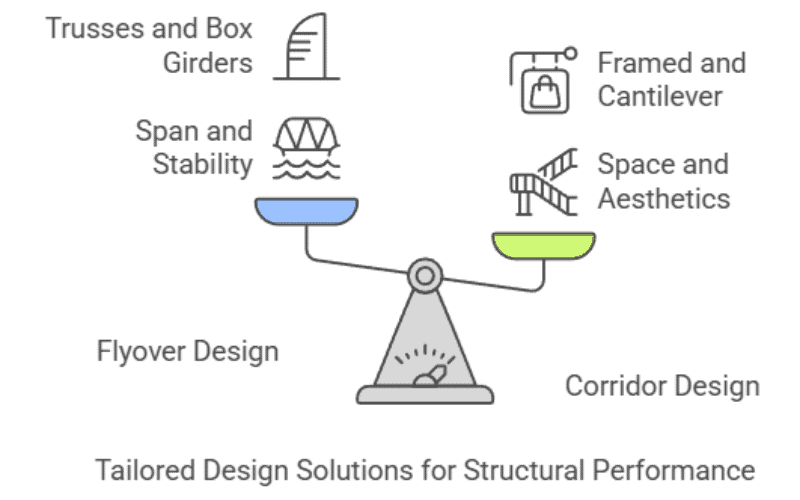 Diagram showing a balance scale comparing flyover design (trusses and box girders, span and stability) and corridor design (framed and cantilever, space and aesthetics) for structural performance.