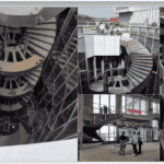 Various views of an interior and exterior spiral staircase within a Steel Structure Multi-Storey Building, highlighting its modern design and glass panels.