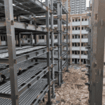 Steel framework of a multi-level Steel Structure Office Building being erected, with some construction debris on the ground