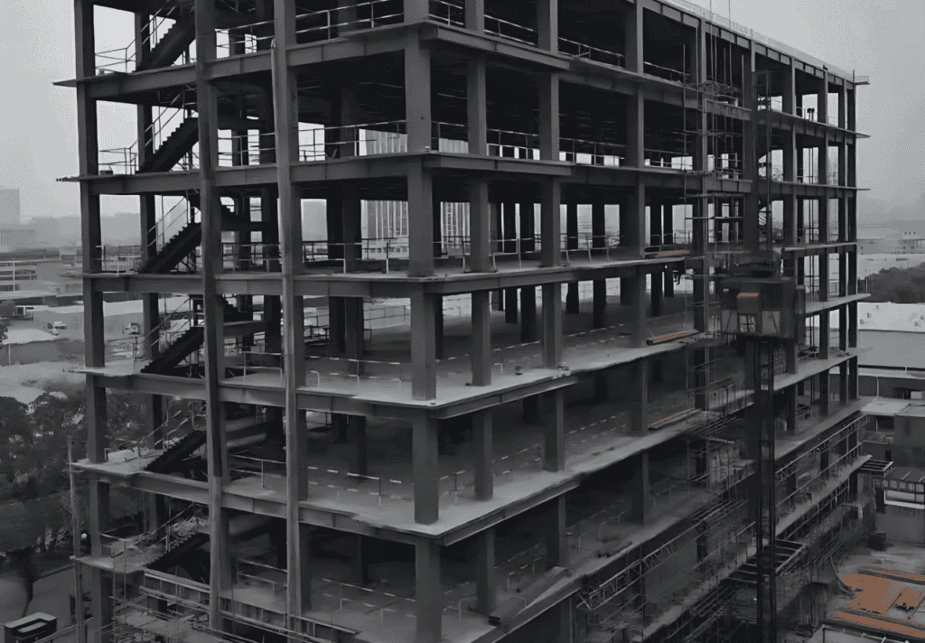 An aerial view of a multi-story Steel Structure Office Building under construction, showing its skeletal steel framework and surrounding area.