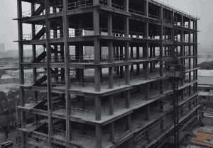 An aerial view of a multi-story Steel Structure Office Building under construction, showing its skeletal steel framework and surrounding area.