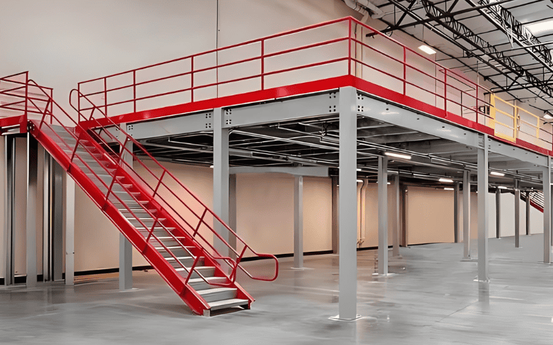     An interior view of a steel structure office design with a mezzanine and red railing staircase.

