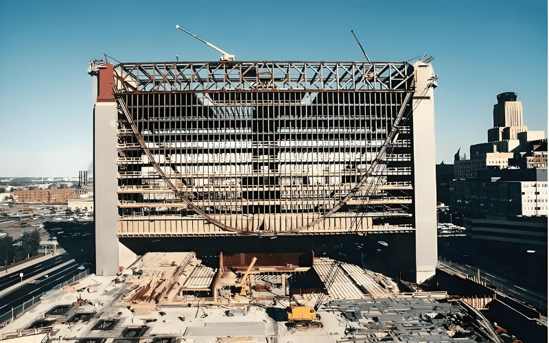 An under construction steel structure office building with exposed framework.