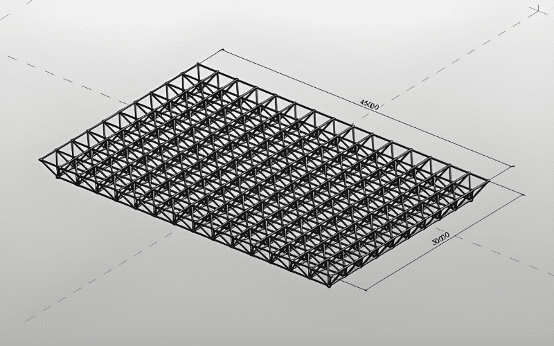 The Space Grid System uses a three-dimensional grid of steel to create large, uninterrupted spaces with high load-bearing capacity.