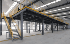 An industrial steel structure platform with yellow - railing staircase and mezzanine, inside a well - lit factory.