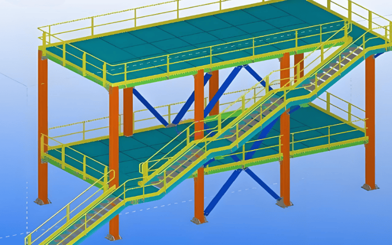 Modelo 3D de plataforma de acero de varios niveles con barandillas de seguridad.