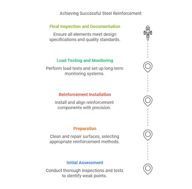 Un proyecto de refuerzo exitoso requiere más que simplemente agregar acero: implica una planificación minuciosa, una ejecución precisa y un cuidado constante. A continuación, se incluye una guía paso a paso para garantizar el éxito de su proyecto: