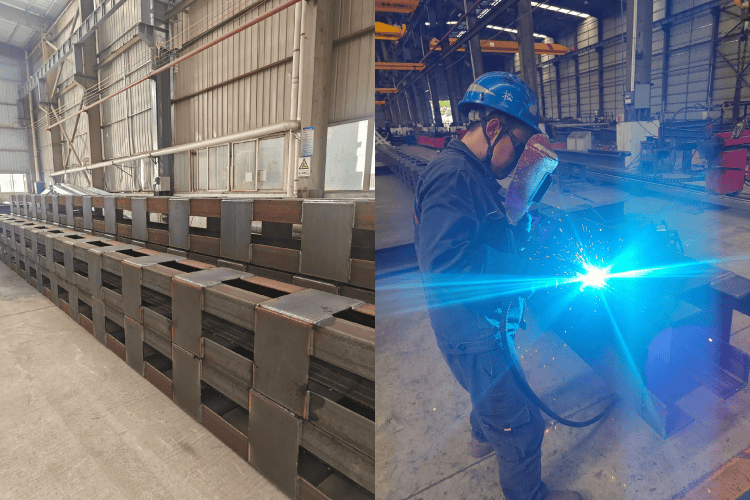 Inside a factory, a row of steel structures awaits welding, which may be prone to welding deformation during the process.