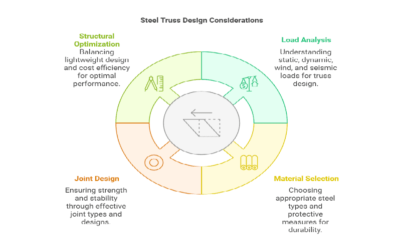 Diagrama que muestra consideraciones de diseño para sistemas de armadura de acero: optimización estructural, análisis de carga, diseño de juntas y selección de materiales.