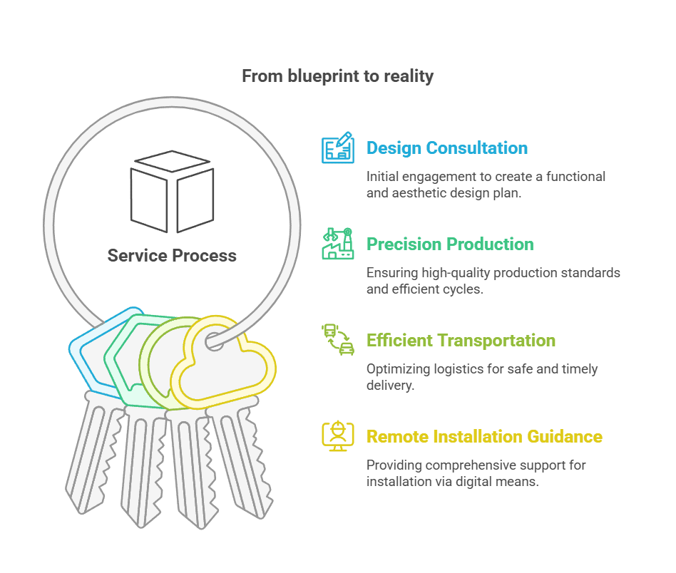 Infographic illustrating the service process from blueprint to reality, featuring Design Consultation, Precision Production, Efficient Transportation, and Remote Installation Guidance.