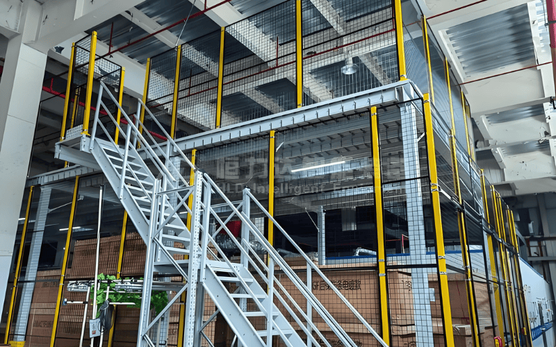 Multi - level steel structure platform with safety netting and white staircases in a storage facility.