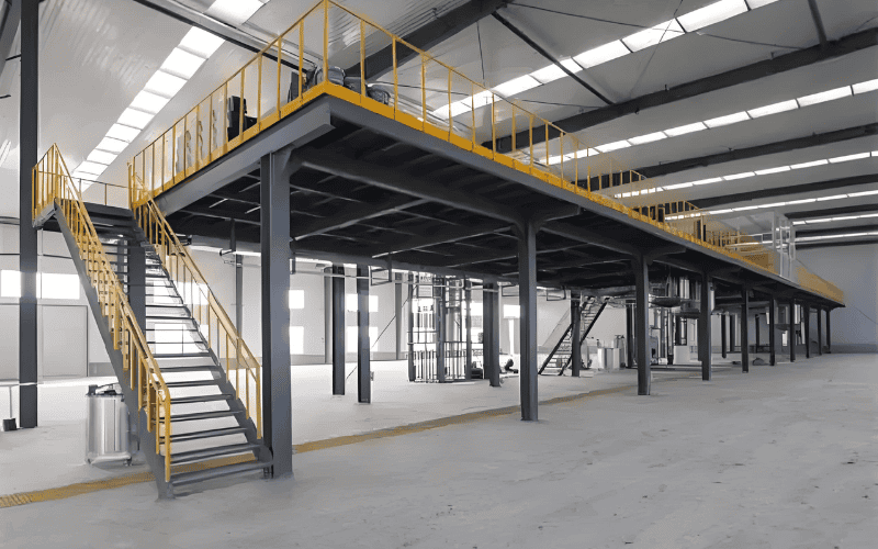 Industrial steel structure platform with yellow - railing staircase in a spacious factory.